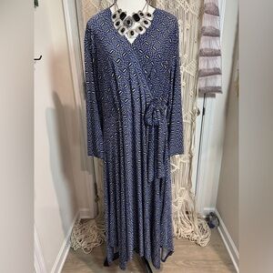 Mlle Gabrielle Womens Midi Dress Faux Wrap Handkerchief Hem Blue Sz 2X